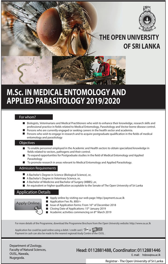 M.Sc.in Medical Entomology & Applied Parasitology - The Open University of Sri Lanka